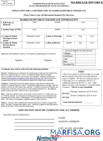 Realistic USA Commonwealth of State registrar of vital statistics of Kentucky divorce certificate example